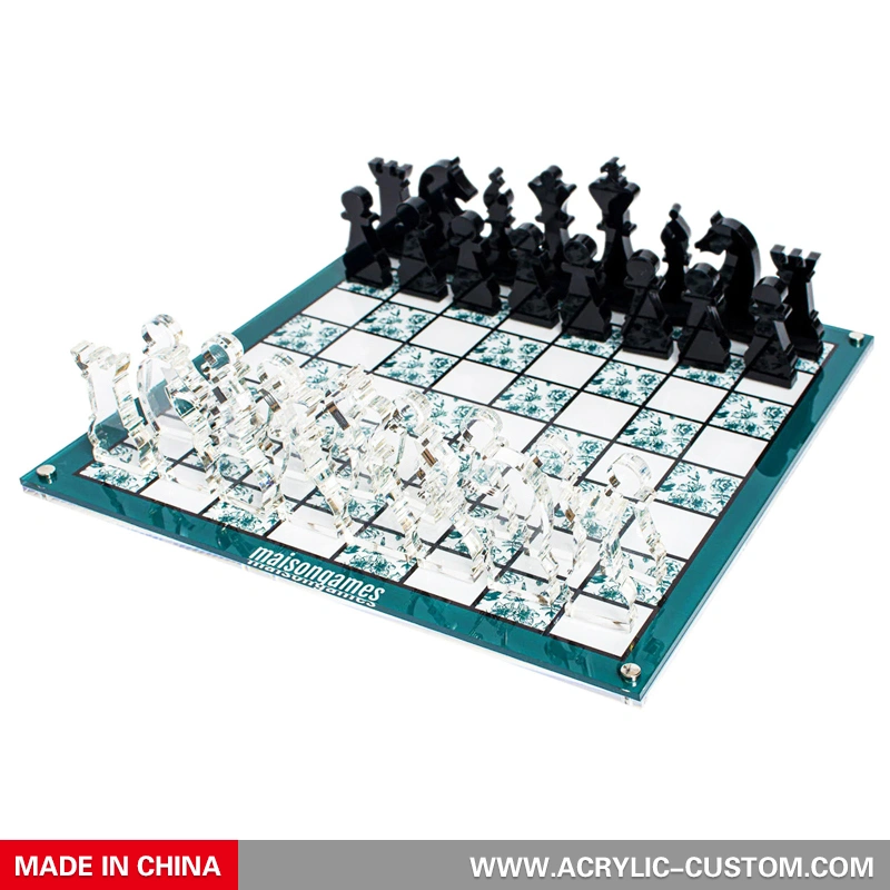 アクリルチェスボードセット - モダンな花柄ルーサイトチェスゲーム