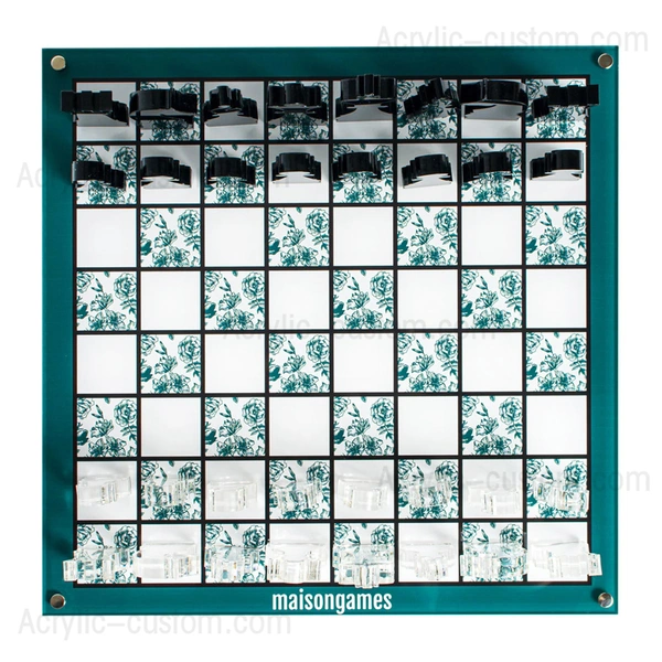 アクリルチェスボードセット - モダンな花柄ルーサイトチェスゲーム