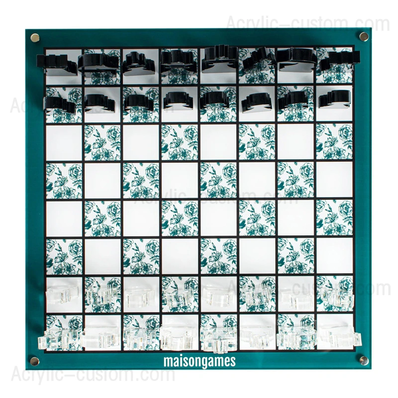 アクリルチェスボードセット - モダンな花柄ルーサイトチェスゲーム