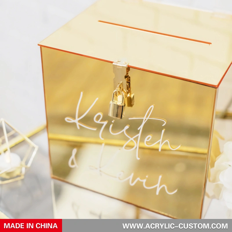 صندوق بطاقات هدايا بمرآة ذهبية مع قفل - صندوق بطاقات زفاف أكريليك