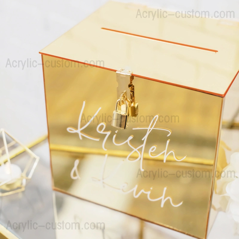صندوق بطاقات هدايا بمرآة ذهبية مع قفل - صندوق بطاقات زفاف أكريليك