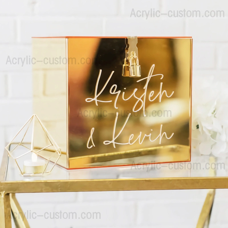 صندوق بطاقات هدايا بمرآة ذهبية مع قفل - صندوق بطاقات زفاف أكريليك