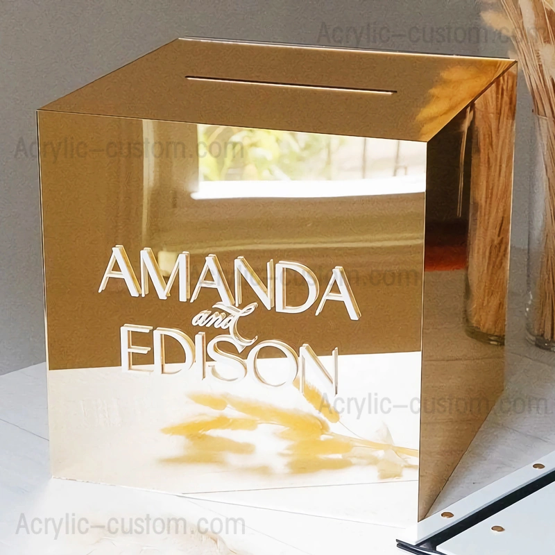 صندوق بطاقات هدايا بمرآة ذهبية مع قفل - صندوق بطاقات زفاف أكريليك