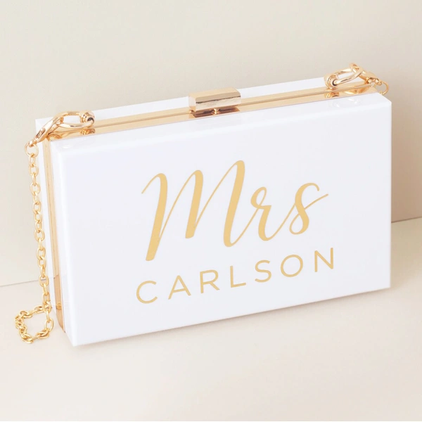 パーソナライズされた白いブライダル クラッチ バッグ - アクリル イブニング バッグ