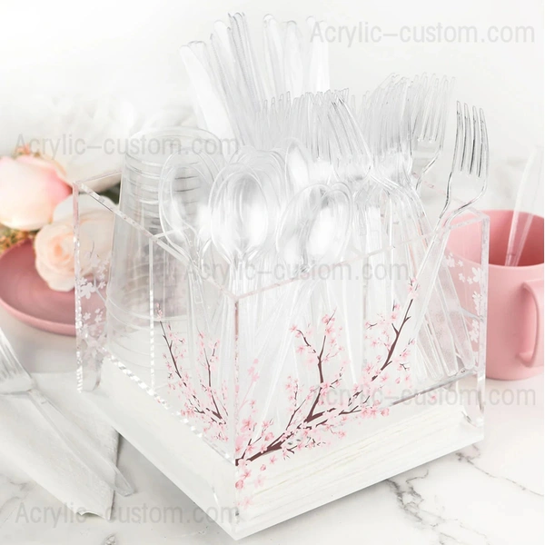 Lucite-Besteck-Caddy – Kirschblüten-Besteck-Organizer