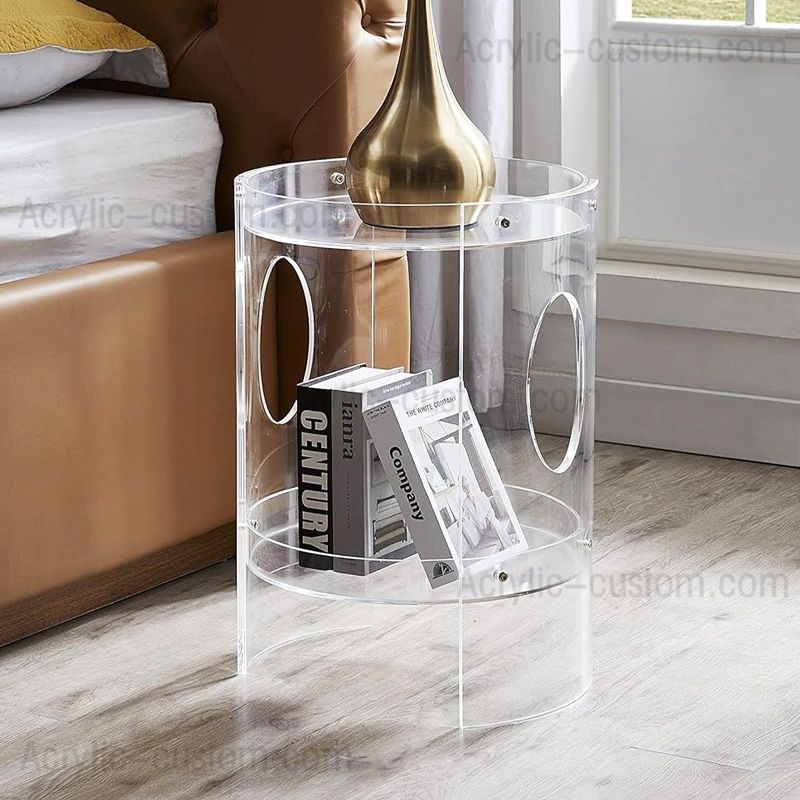 丸いアクリルサイドテーブルのデザイン | モダンなルーサイトとアクリルのテーブル