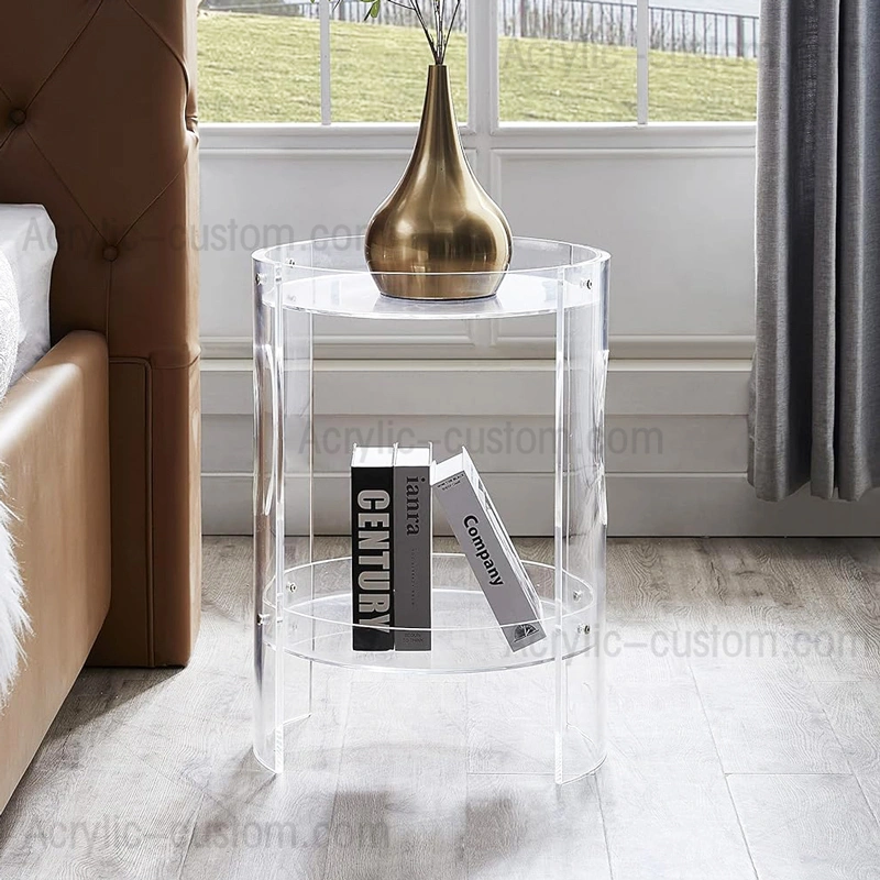 丸いアクリルサイドテーブルのデザイン | モダンなルーサイトとアクリルのテーブル