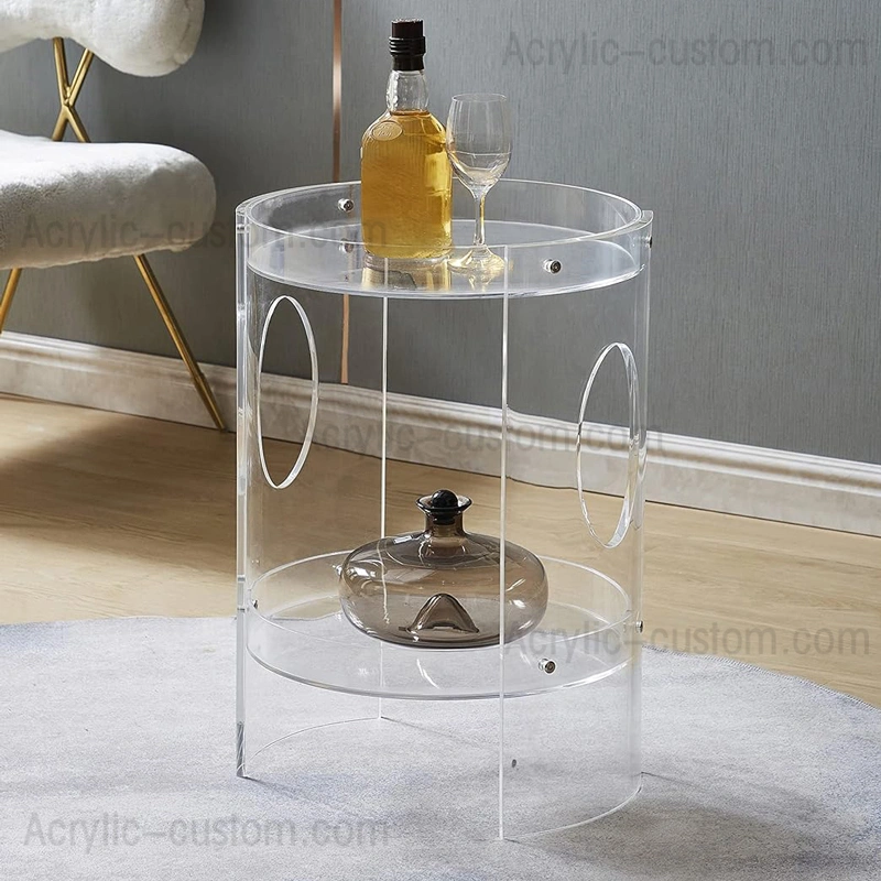 丸いアクリルサイドテーブルのデザイン | モダンなルーサイトとアクリルのテーブル