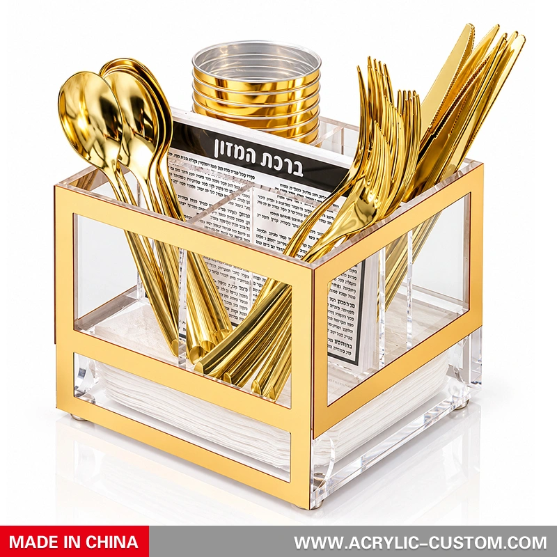 Gold Lucite Silverware Caddy with Bencher & Napkin Holder | Judaica Table Organizer