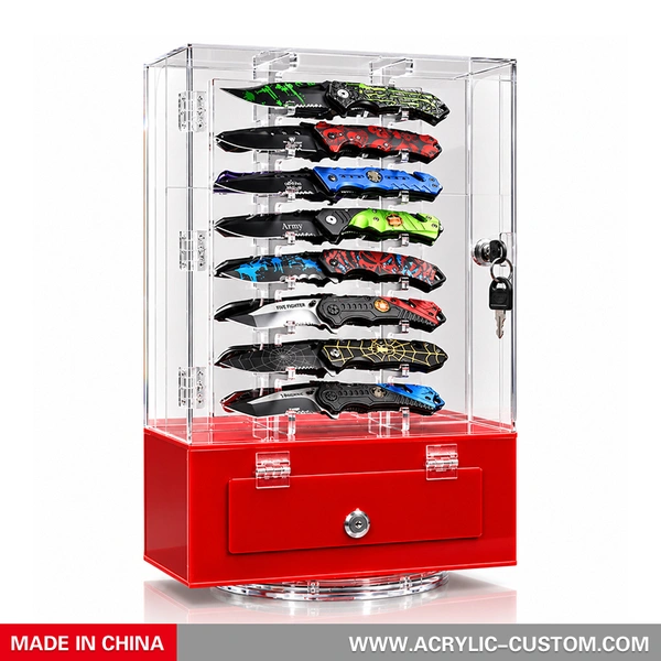 16-Slot Acrylic Knife Display Case | Lockable Rotating Collector Stand