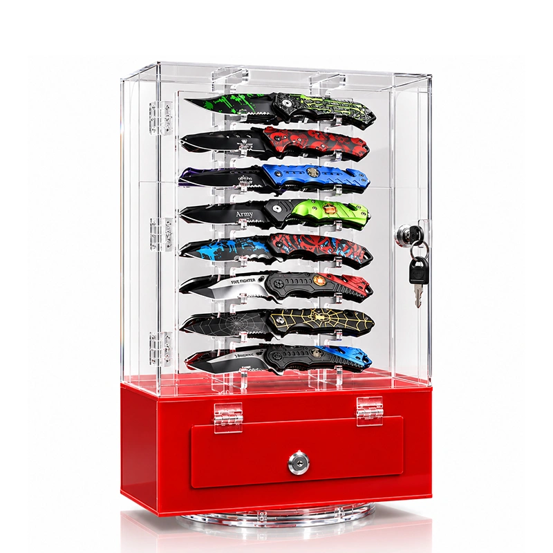 16-Slot Acrylic Knife Display Case | Lockable Rotating Collector Stand