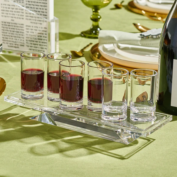 Lucite Kiddush Cup Set with 6 Shot Glasses & Acrylic Holder