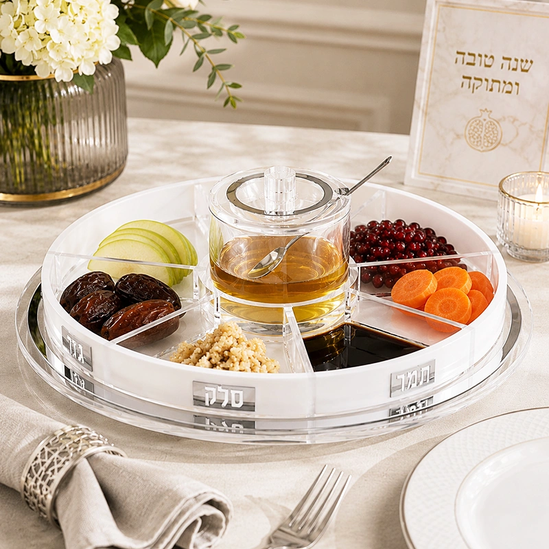 Lucite Rosh Hashanah Simanim Tray with Honey Jar | 8-Section Judaica Server