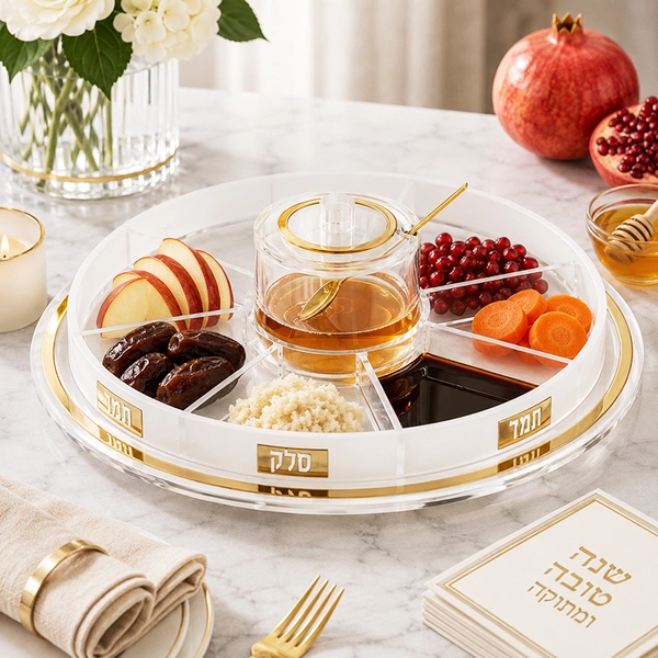 Lucite Rosh Hashanah Simanim Tray with Honey Jar | 8-Section Judaica Server