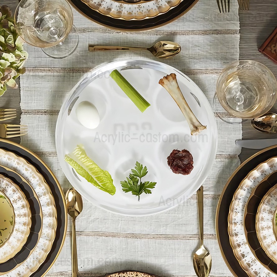 Assiette de Seder ronde en argent ou en Lucite blanche - Assiette de Seder de la Pâque