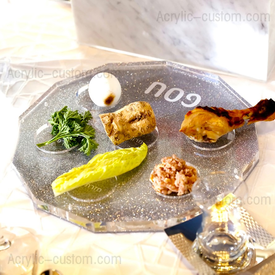 Assiette de Seder en Lucite - Assiette de Seder à paillettes dorées et argentées