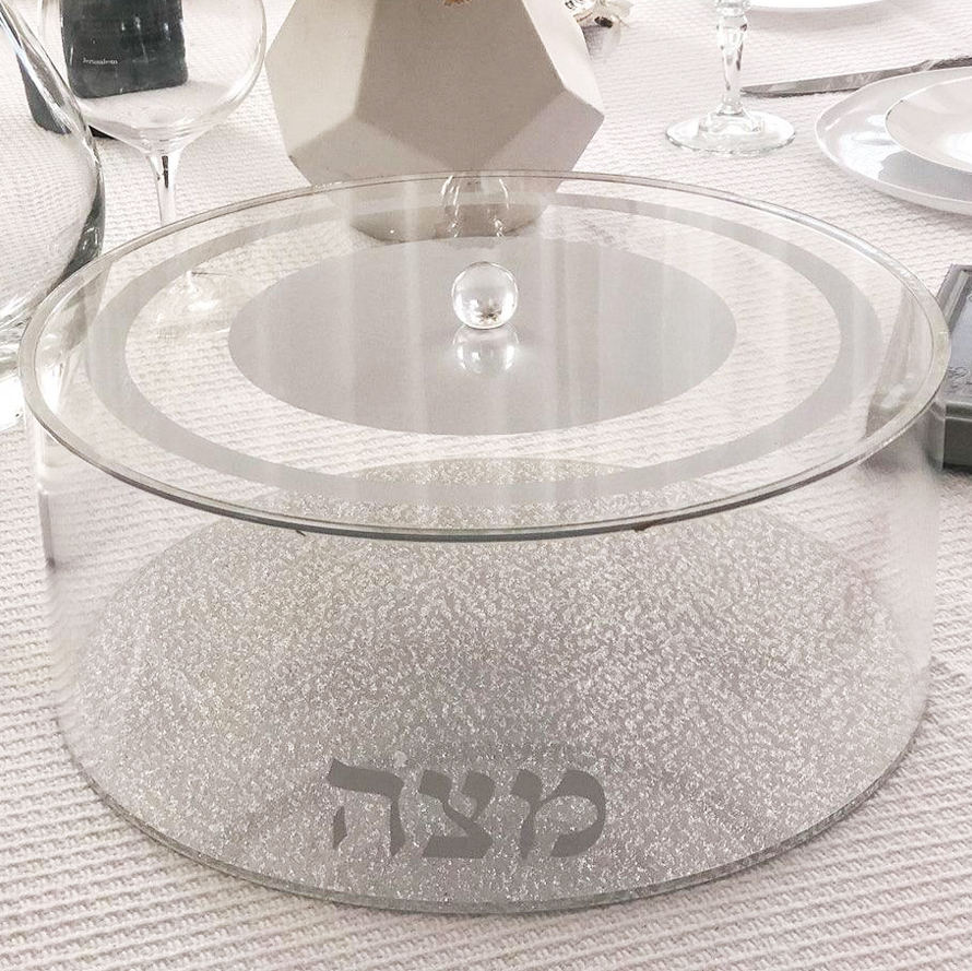 Round Lucite Matzah Holder Silver Classic Design