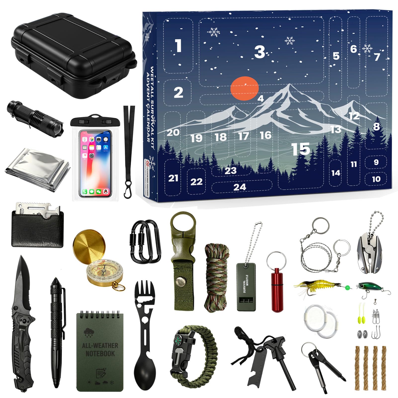 Survival Kit Advent Calendar 2025 for Adult Men Teen Boys - 24 Days Fun Christmas Countdown Outdoor Gadget for Hunting Camping Fishing, Xmas Cool Unique Adventure Gift for Teenager Husband Dad