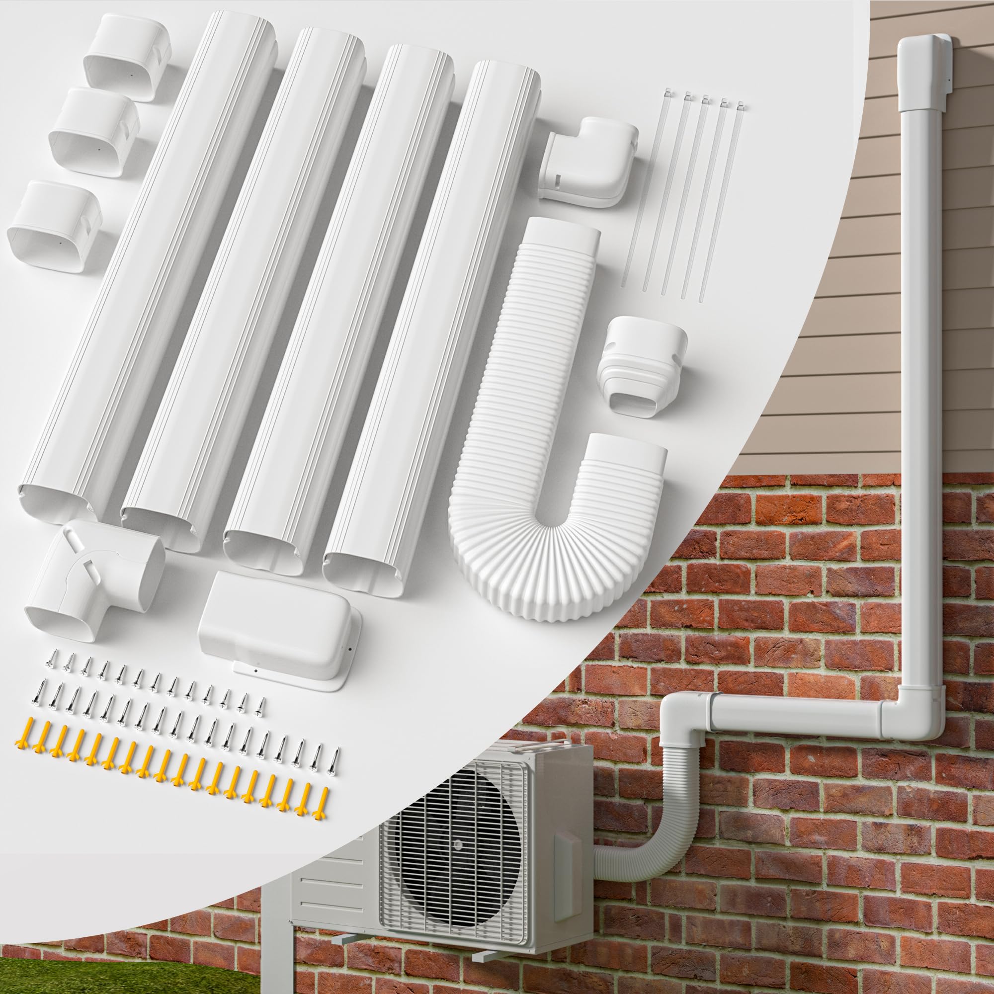 4'' 16 Ft Mini Split Line Set Cover with Flexible Pipe, Upgrade PP Heat-Resistant & Paintable, Central AC and Heat Pumps-Full Set, No Other Parts Needed