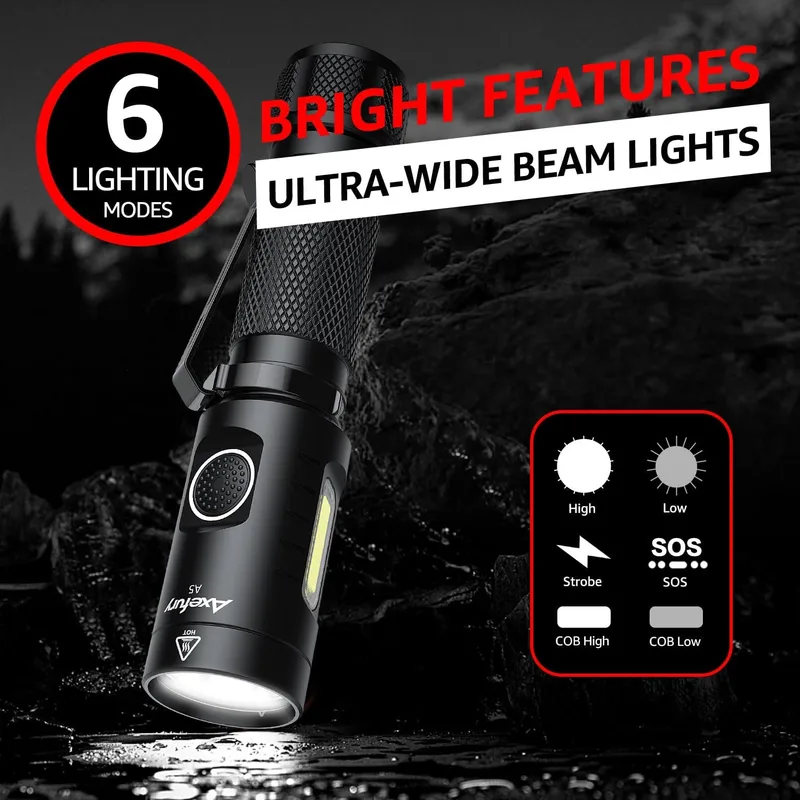 axefury Flashlight, Magnetic LED Flashlight, Super Bright Tactical Flashlight, Cob workLight, 6 Modes, Max 700 Lumens A5 Flashlight for Outdoor Camping, Emergency（Not Including Batteries） Gift