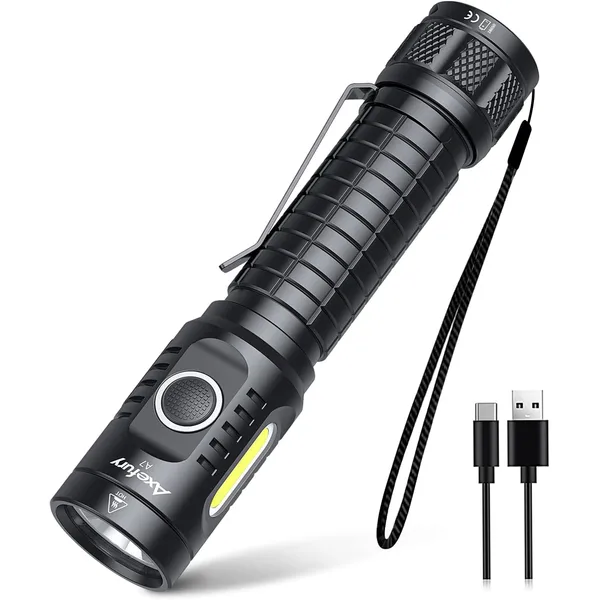 axefury Flashlight, Rechargeable Magnetic LED Flashlight High Powered 1300 Lumens,Tactical LED Light Torch COB Work Light,9 Modes,IP67 Outdoor Gear A7