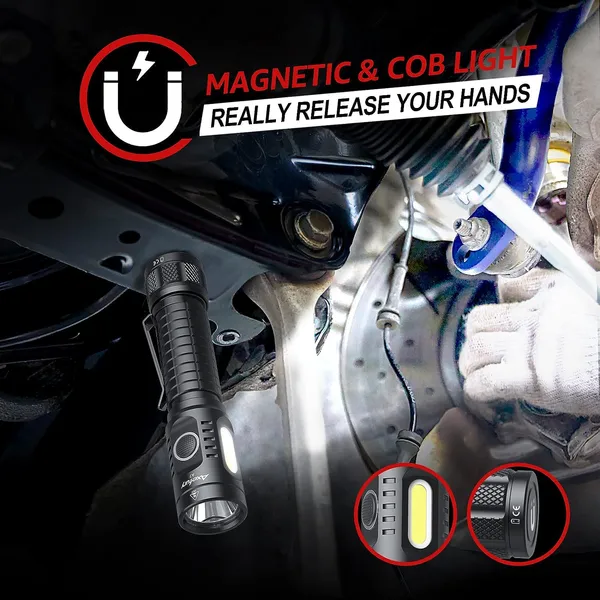 axefury Flashlight, Rechargeable Magnetic LED Flashlight High Powered 1300 Lumens,Tactical LED Light Torch COB Work Light,9 Modes,IP67 Outdoor Gear A7