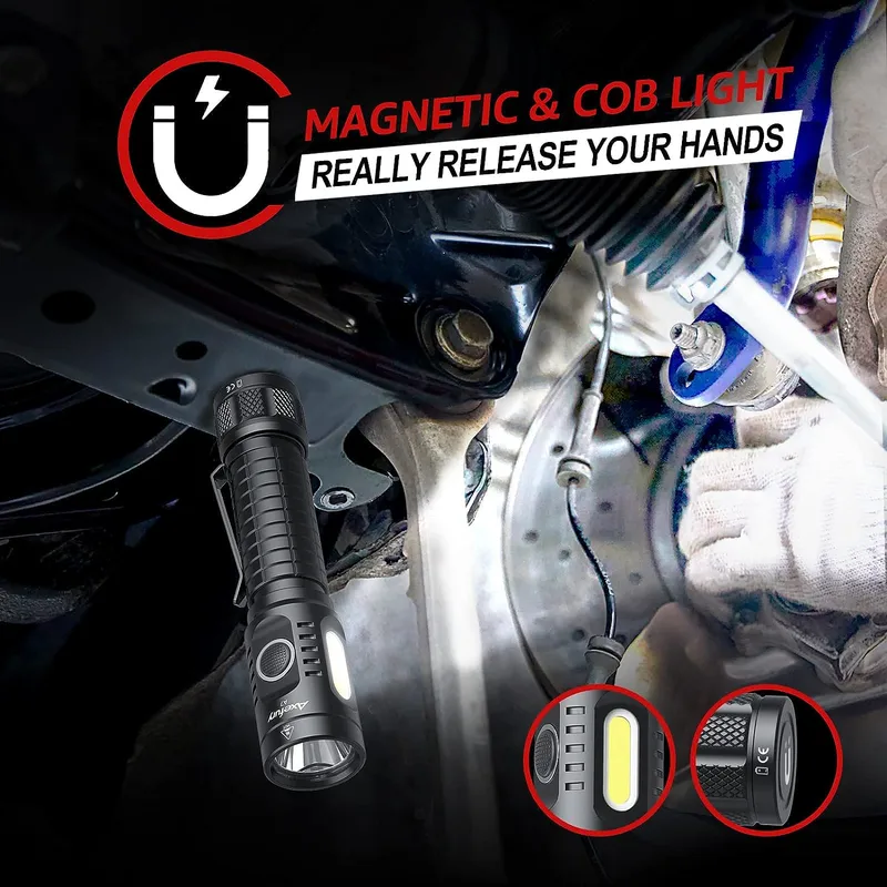 axefury Flashlight, Rechargeable Magnetic LED Flashlight High Powered 1300 Lumens,Tactical LED Light Torch COB Work Light,9 Modes,IP67 Outdoor Gear A7