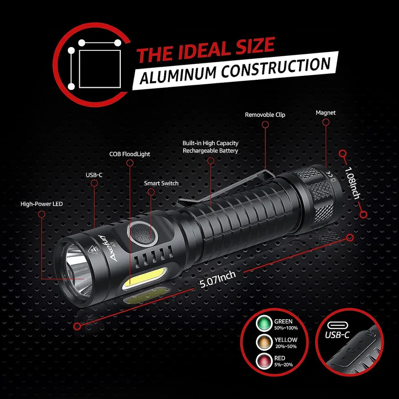 axefury Flashlight, Rechargeable Magnetic LED Flashlight High Powered 1300 Lumens,Tactical LED Light Torch COB Work Light,9 Modes,IP67 Outdoor Gear A7