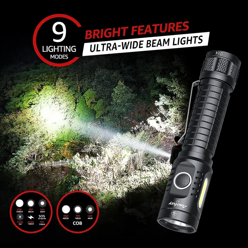axefury Flashlight, Rechargeable Magnetic LED Flashlight High Powered 1300 Lumens,Tactical LED Light Torch COB Work Light,9 Modes,IP67 Outdoor Gear A7