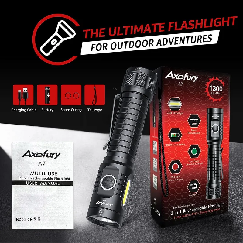 axefury Flashlight, Rechargeable Magnetic LED Flashlight High Powered 1300 Lumens,Tactical LED Light Torch COB Work Light,9 Modes,IP67 Outdoor Gear A7