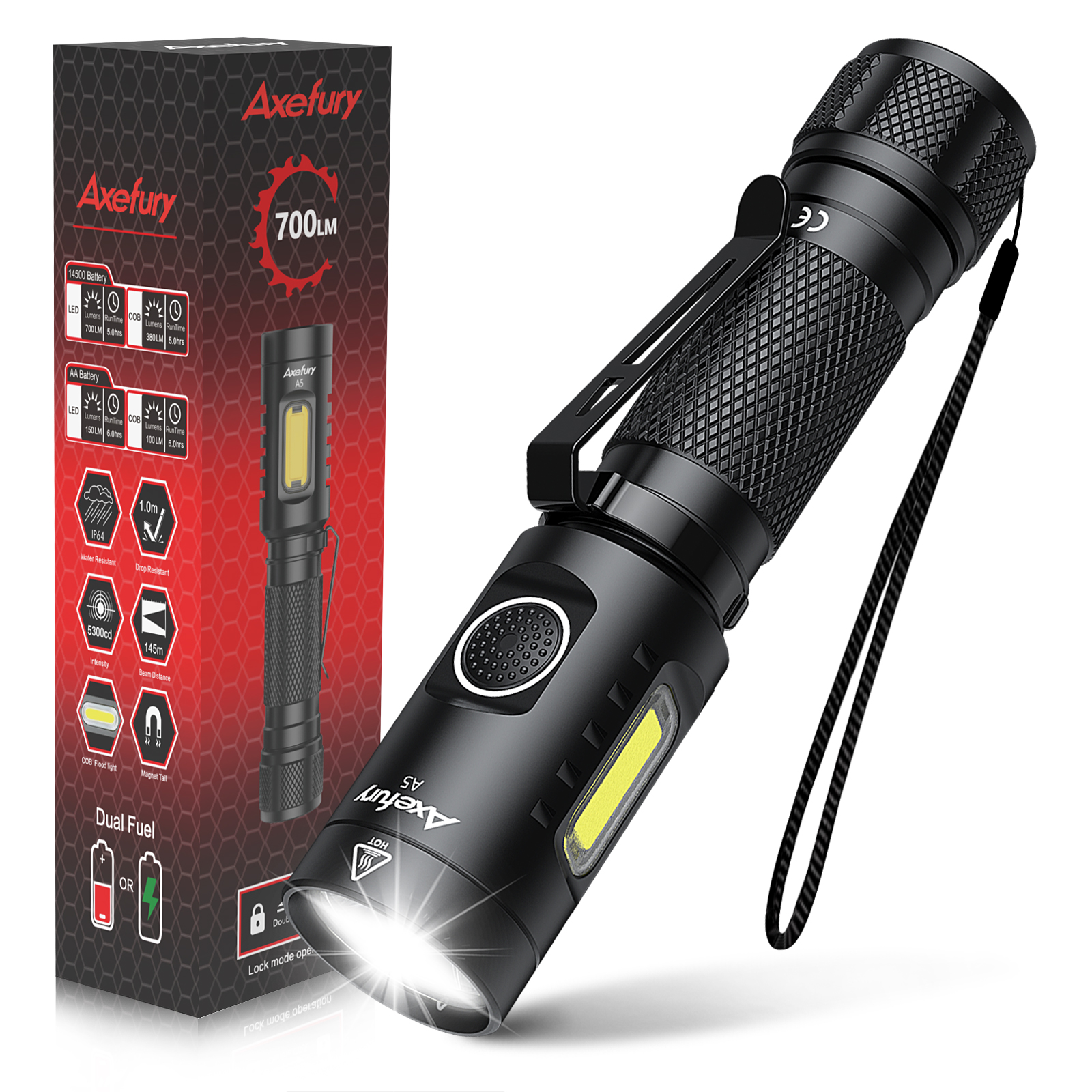 axefury Flashlight, Magnetic LED Flashlight, Super Bright Tactical Flashlight, Cob workLight, 6 Modes, Max 700 Lumens A5 Flashlight for Outdoor Camping, Emergency（Not Including Batteries） Gift