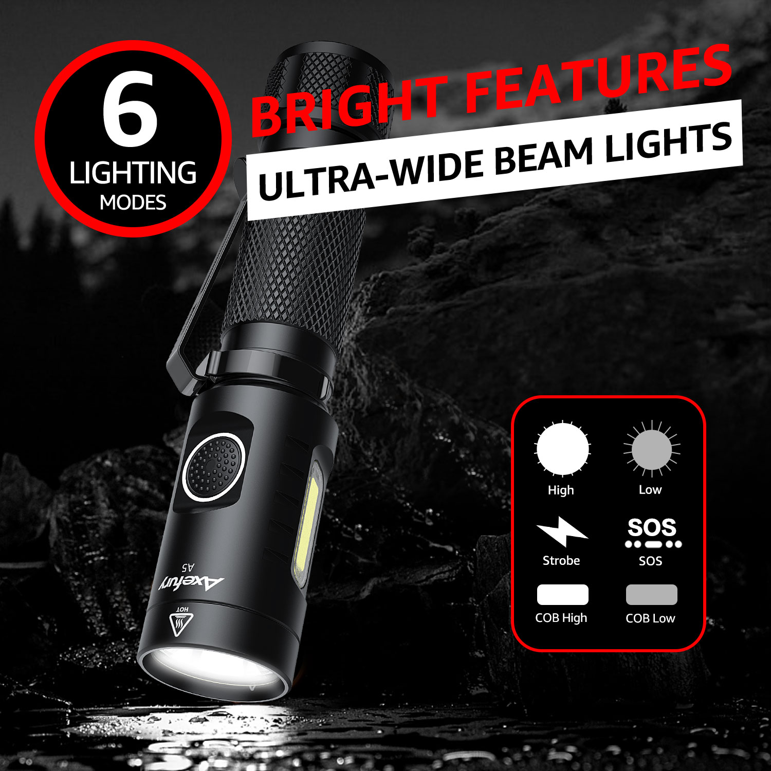 axefury Flashlight, Magnetic LED Flashlight, Super Bright Tactical Flashlight, Cob workLight, 6 Modes, Max 700 Lumens A5 Flashlight for Outdoor Camping, Emergency（Not Including Batteries） Gift