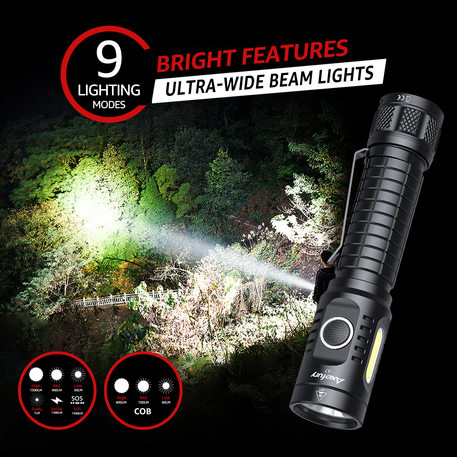 axefury Flashlight, Rechargeable Magnetic LED Flashlight High Powered 1300 Lumens,Tactical LED Light Torch COB Work Light,9 Modes,IP67 Outdoor Gear A7