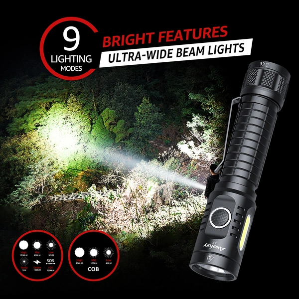 axefury Flashlight, Rechargeable Magnetic LED Flashlight High Powered 1300 Lumens,Tactical LED Light Torch COB Work Light,9 Modes,IP67 Outdoor Gear A7