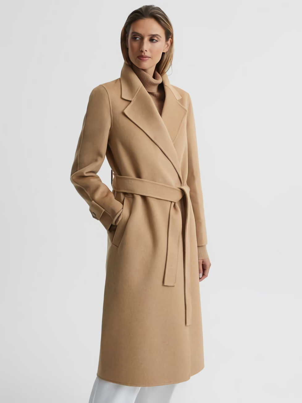 Classic Autumn and Winter Camel Long Pure Cashmere Belted Wool Coat Women’s Coat