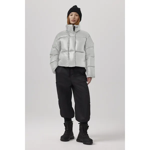 Women’s Puffy Jacket with Full Length Sleeves: Hoodie Collar, Zip Closure, Button Sleeve Hem