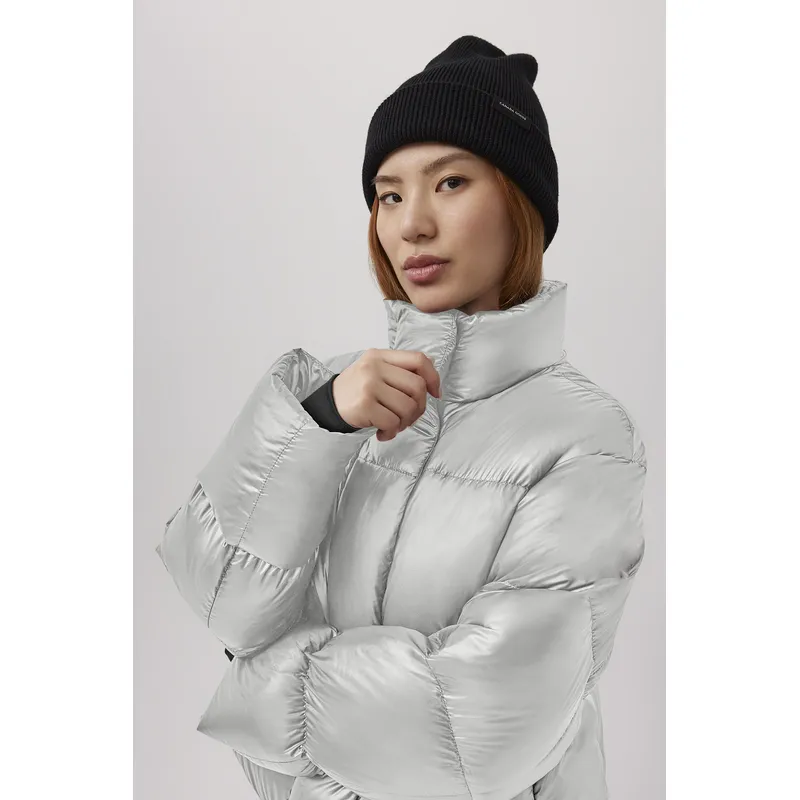 Women’s Puffy Jacket with Full Length Sleeves: Hoodie Collar, Zip Closure, Button Sleeve Hem