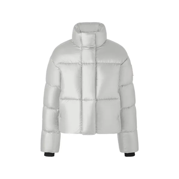 Women’s Puffy Jacket with Full Length Sleeves: Hoodie Collar, Zip Closure, Button Sleeve Hem