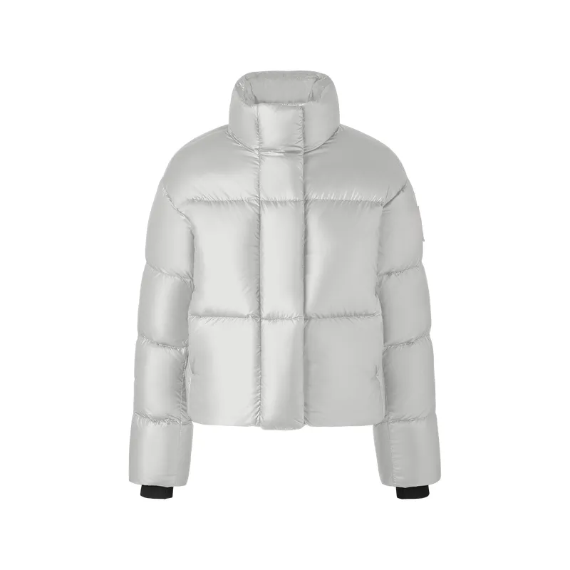 Women’s Puffy Jacket with Full Length Sleeves: Hoodie Collar, Zip Closure, Button Sleeve Hem