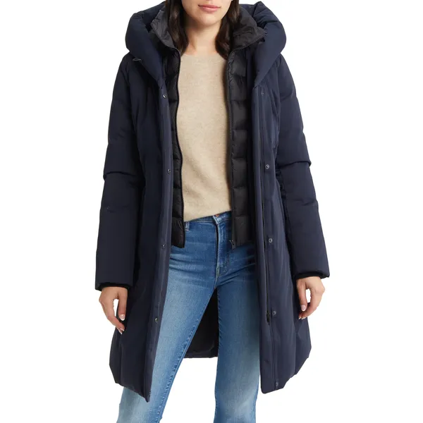 Women’s Navy Blue Mid-Length Down Jacket | White Duck Down Filling