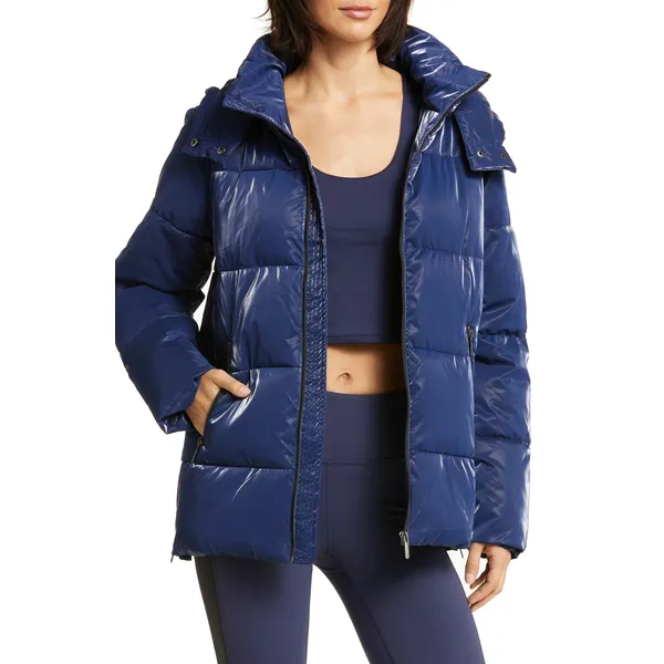 Trimmed Padded Hooded Jacket | Shiny Padded Vest Hooded Blue