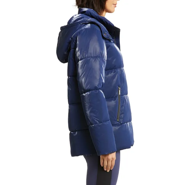 Trimmed Padded Hooded Jacket | Shiny Padded Vest Hooded Blue