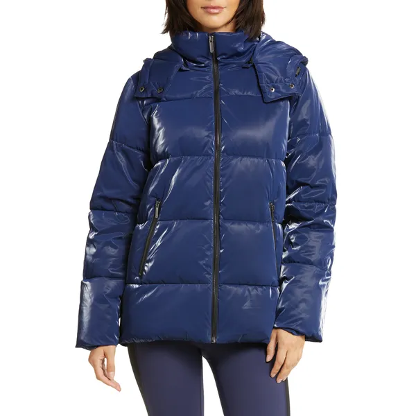 Trimmed Padded Hooded Jacket | Shiny Padded Vest Hooded Blue