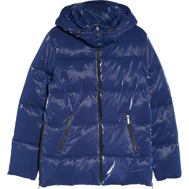 Trimmed Padded Hooded Jacket | Shiny Padded Vest Hooded Blue