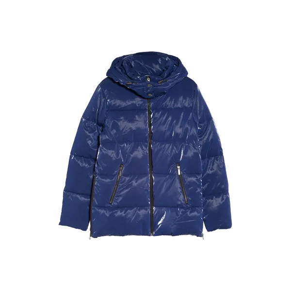 Trimmed Padded Hooded Jacket | Shiny Padded Vest Hooded Blue