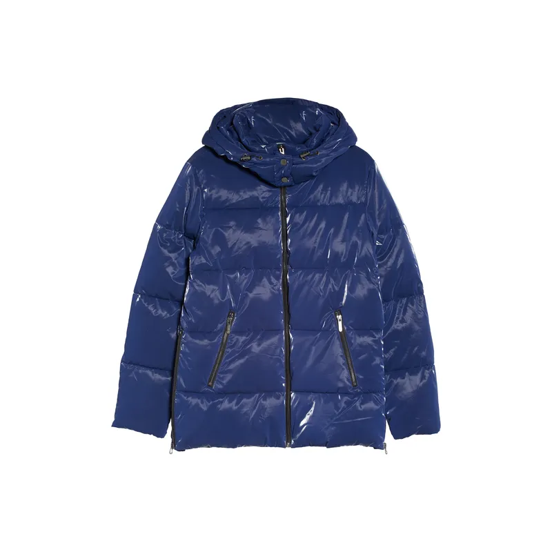 Trimmed Padded Hooded Jacket | Shiny Padded Vest Hooded Blue