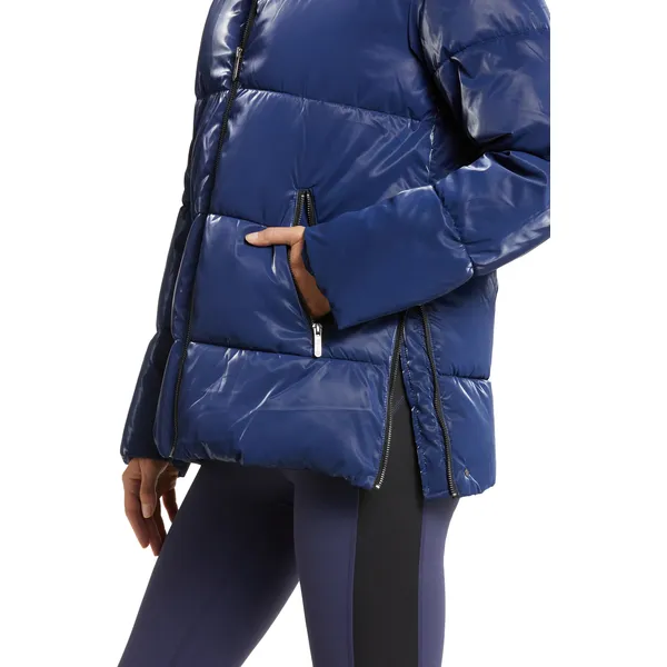 Trimmed Padded Hooded Jacket | Shiny Padded Vest Hooded Blue