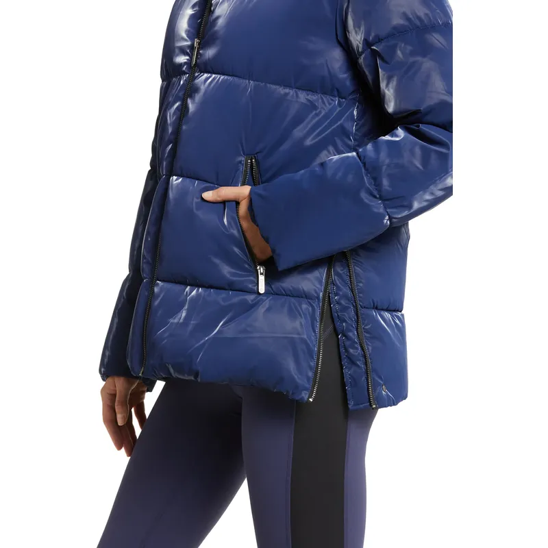 Trimmed Padded Hooded Jacket | Shiny Padded Vest Hooded Blue