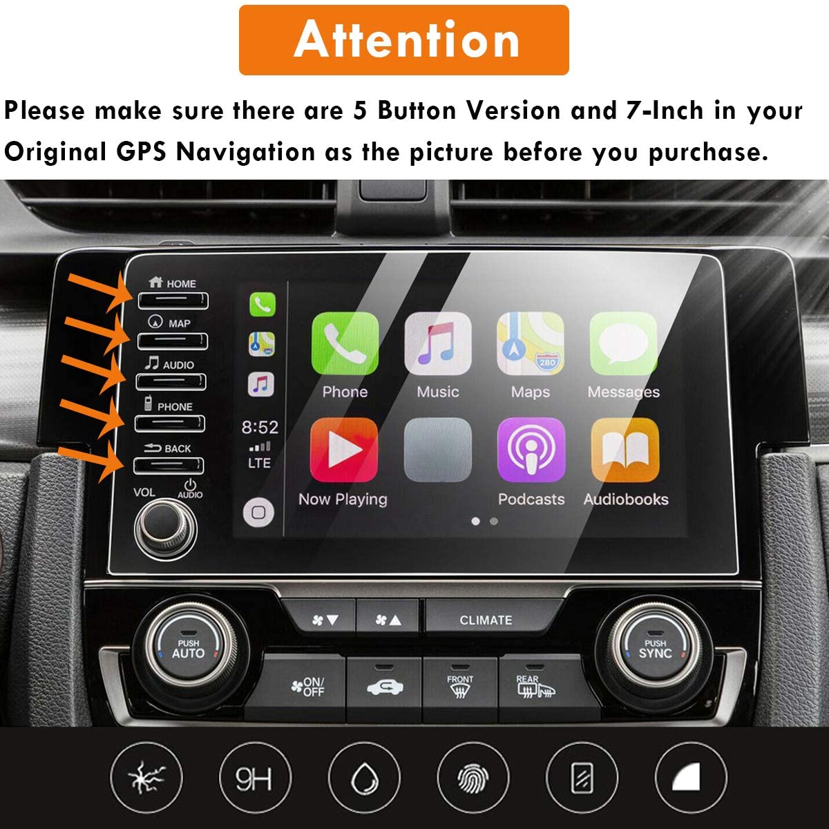 CDEFG Navigation Screen Protector for 2019 2020 Honda Civic Sport Touring Type R EX-L Navi 5 Buttons Automobile Touch Screen Protector Tempered Glass 9H Hardness HD Clear 2019 2020 Honda Civic LX EX Touring Si EX-L 4 Buttons 