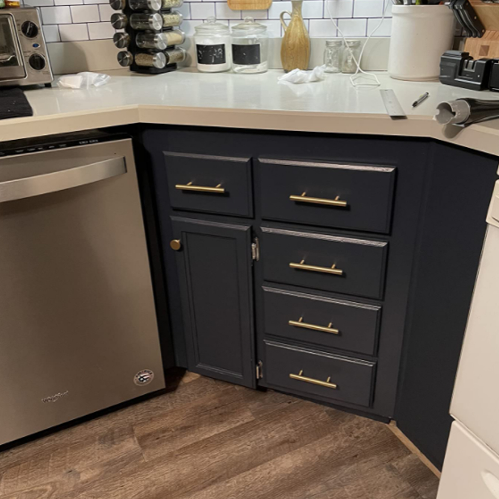 Repainted the cabinets and replace the old hardware with QOGRISUN brass knobs and euro pulls, make the kitchen in a Modern Midcentury Style!